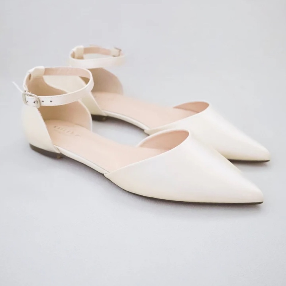 Ivory Satin Pointy Toe Flats with ankle strap Wedding Shoes, Bridesmaids Shoes